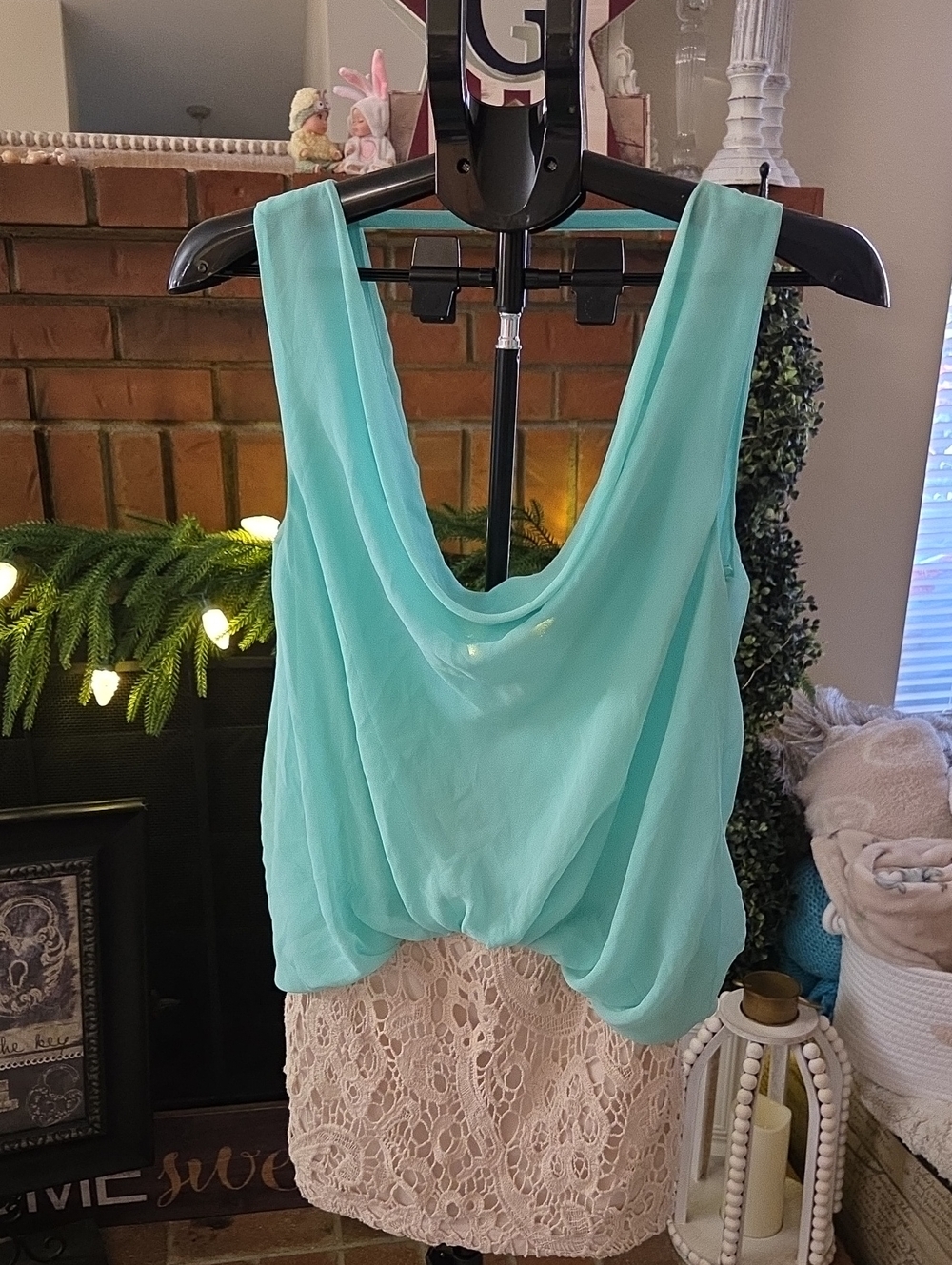 NWT Y2K Love Culture Aqua Sleeveless Drape Front Tank with Crochet Bottom